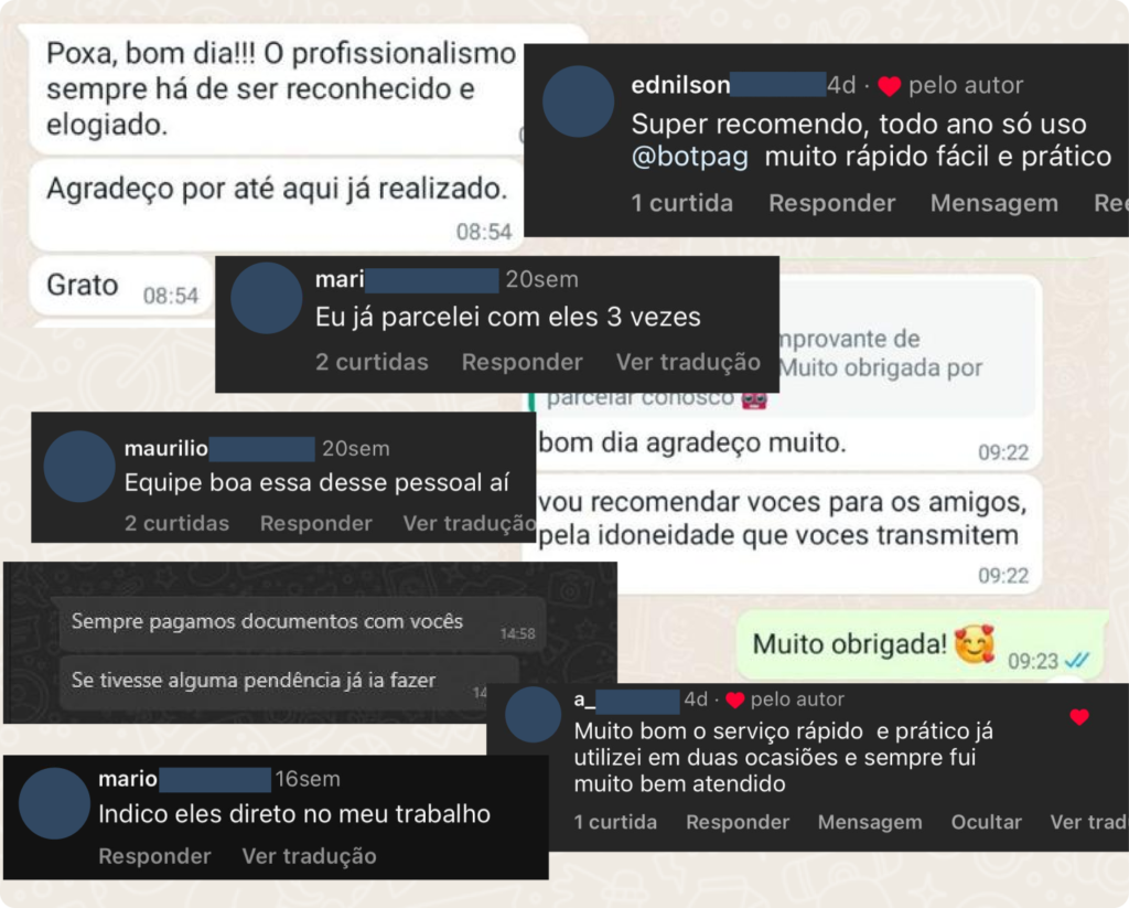 Depoimentos dos clientes sobre a Botpag